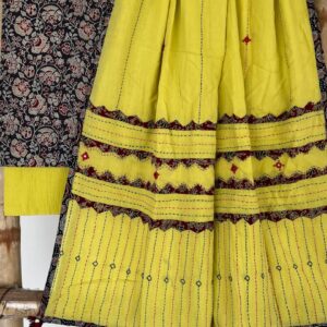 Ajrak hand block print suits with exclusive applique, kantha and mirror work duppata