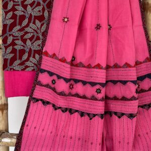 Ajrak handblock print suits with exclusive aplique, kantha and mirror work duppata