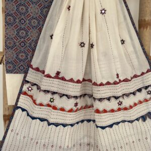 Ajrak hand block print suits with exclusive aplique, kantha and mirror work duppata